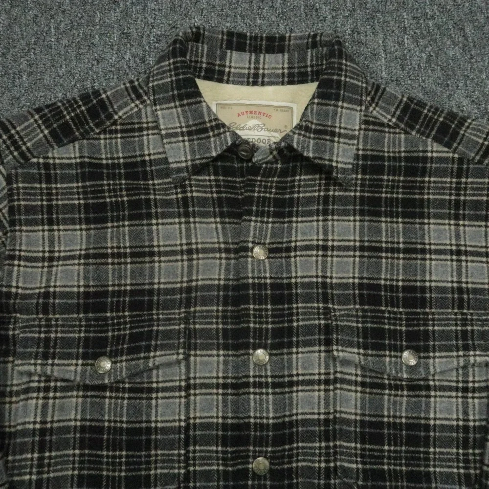 Eddie Bauer Jacket Mens Small Black Gray Plaid Sherpa Lined Wool Blend Outdoor‎